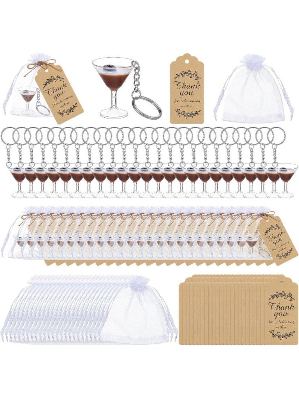 24 Espresso Martini Keychains Party Favors with Organza Bags - Fun Gift Set!